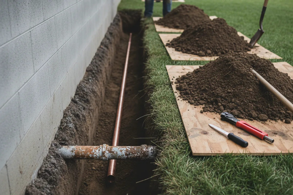 Excavated water line trench during Water Softener Installation in Garner